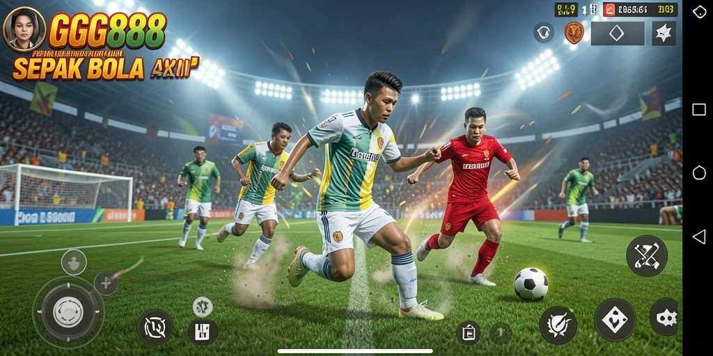 Screenshot gameplay GGG888 menampilkan aksi sepak bola yang mendebarkan.
