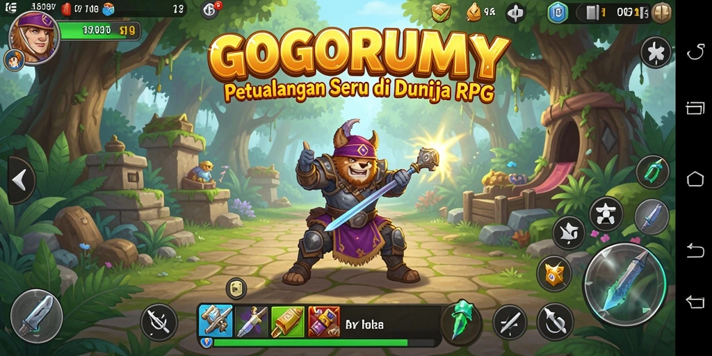 Screenshot GOGORUMMY yang menunjukkan aksi pertarungan RPG yang dinamis.