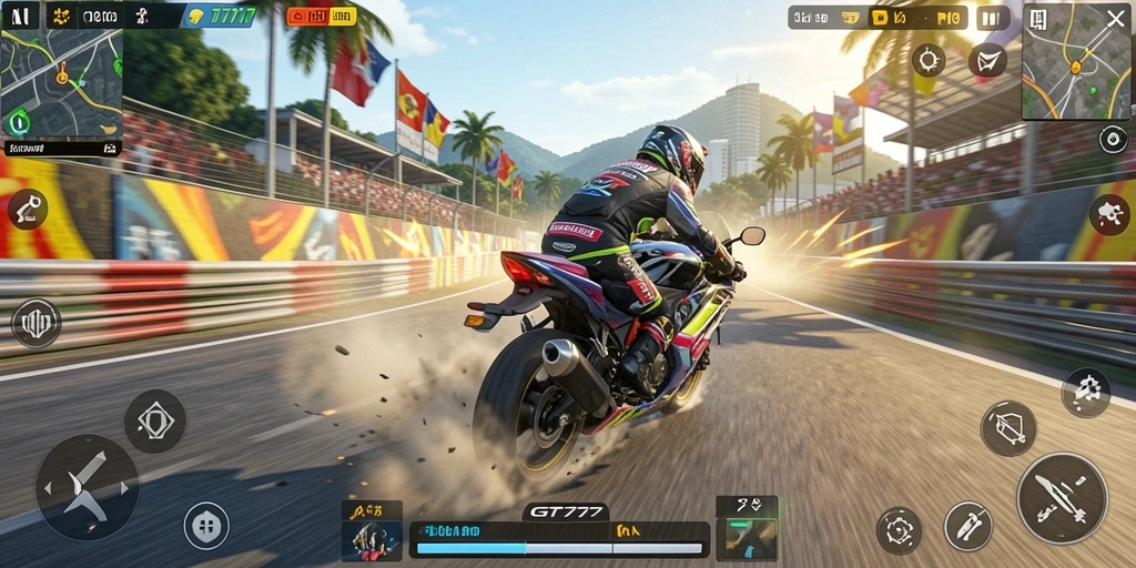 Tampilan gameplay GT777 menampilkan balapan motor yang seru dan penuh aksi.