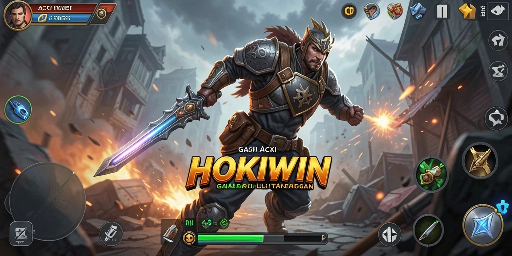Tangkapan layar HOKIWIN menampilkan aksi seru di medan pertempuran.