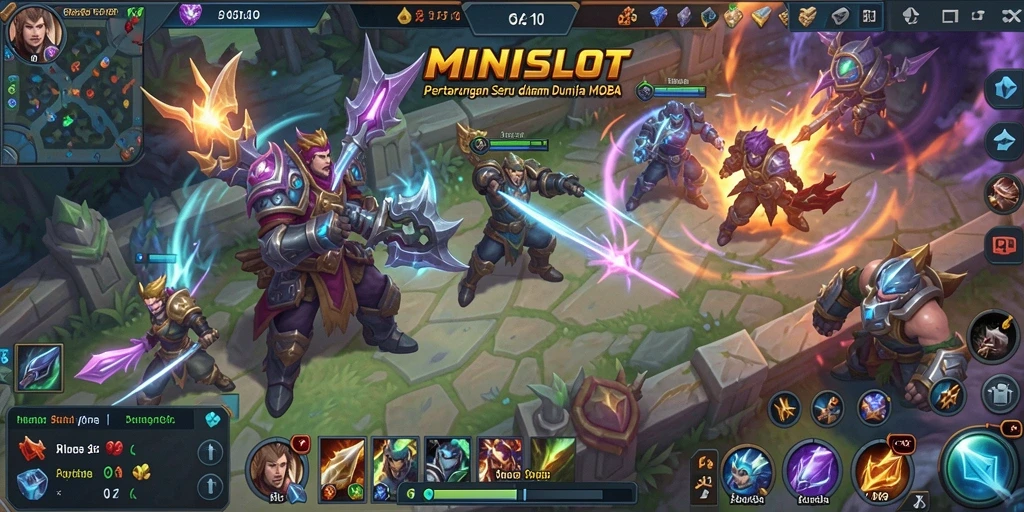 Tangkapan layar gameplay MINISLOT dengan pertempuran MOBA yang intens.