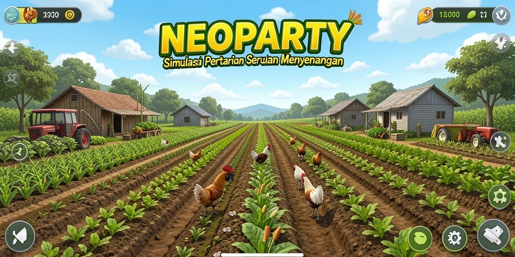 Tampilan menarik gameplay NEOPARTY dengan ladang subur dan hewan ternak.