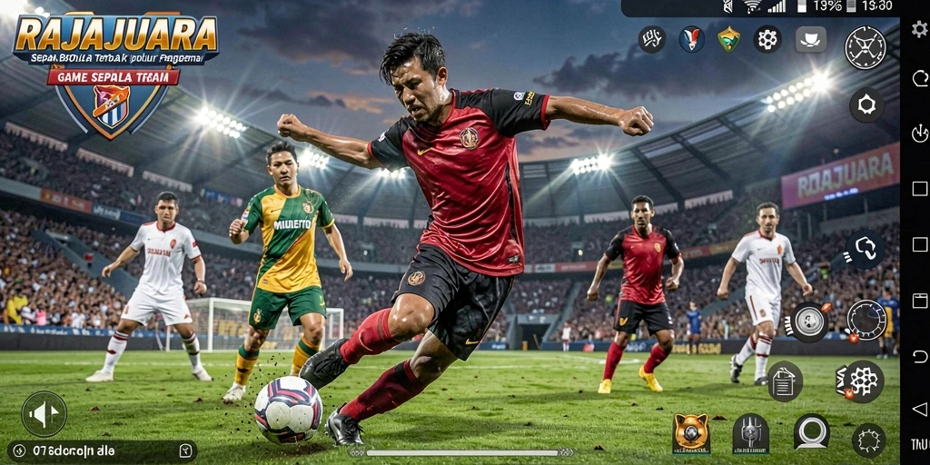 Tangkapan layar gameplay RAJAJUARA menampilkan aksi seru di lapangan sepak bola.