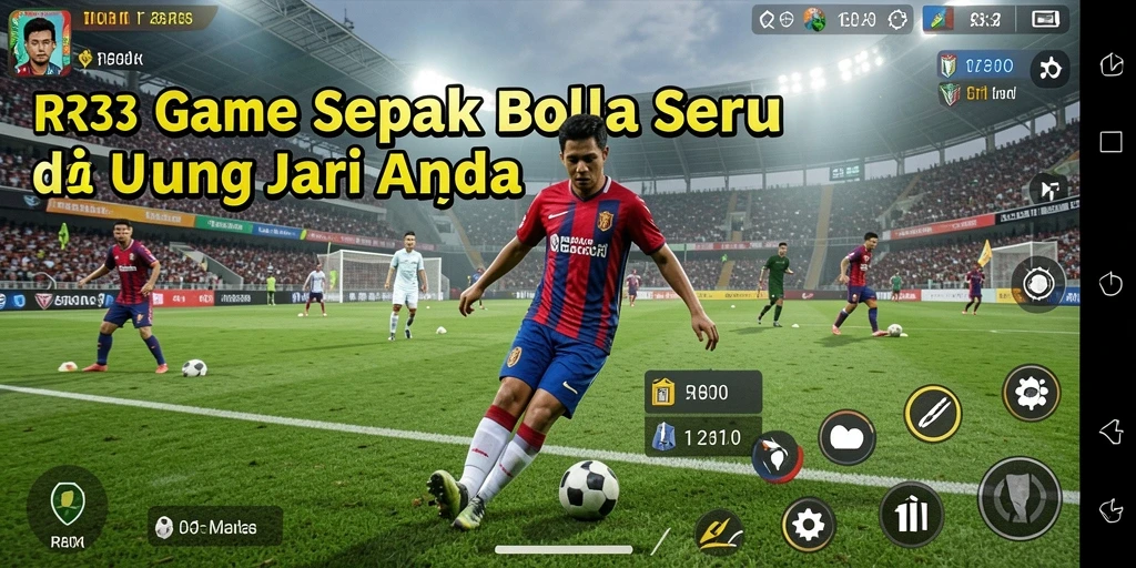 Screenshot gameplay RR33 menampilkan aksi seru di lapangan sepak bola.