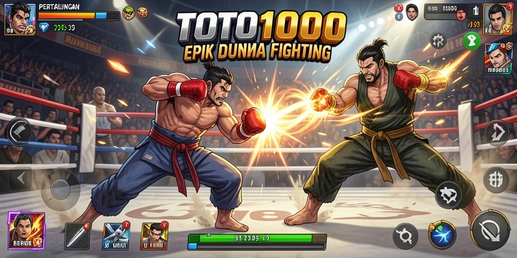 Screenshot TOTO1000 menampilkan pertarungan seru antara karakter dengan efek penuh aksi.