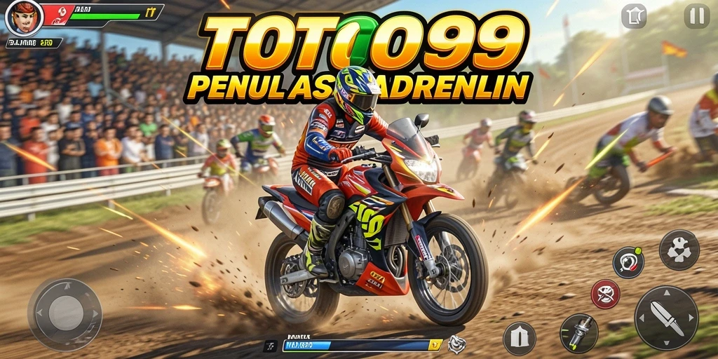 Tampilan gameplay menegangkan di TOTO99 dengan motor balap berkecepatan tinggi.